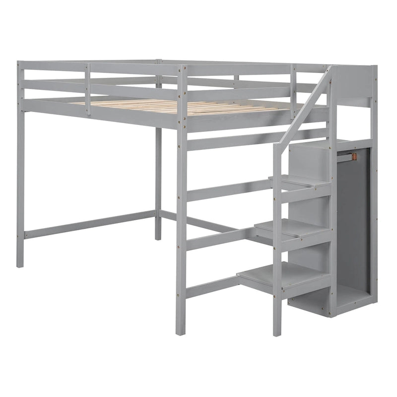 Letto a soppalco full-size con armadio e scala contenitore