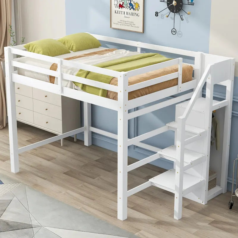 Letto a soppalco full-size con armadio e scala contenitore