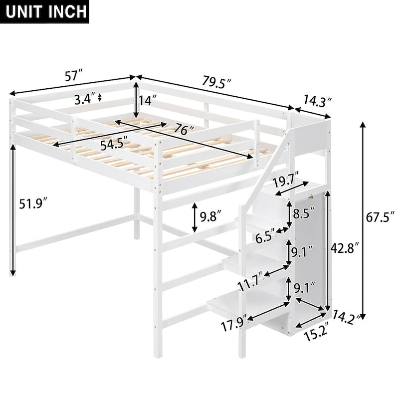 Letto a soppalco full-size con armadio e scala contenitore