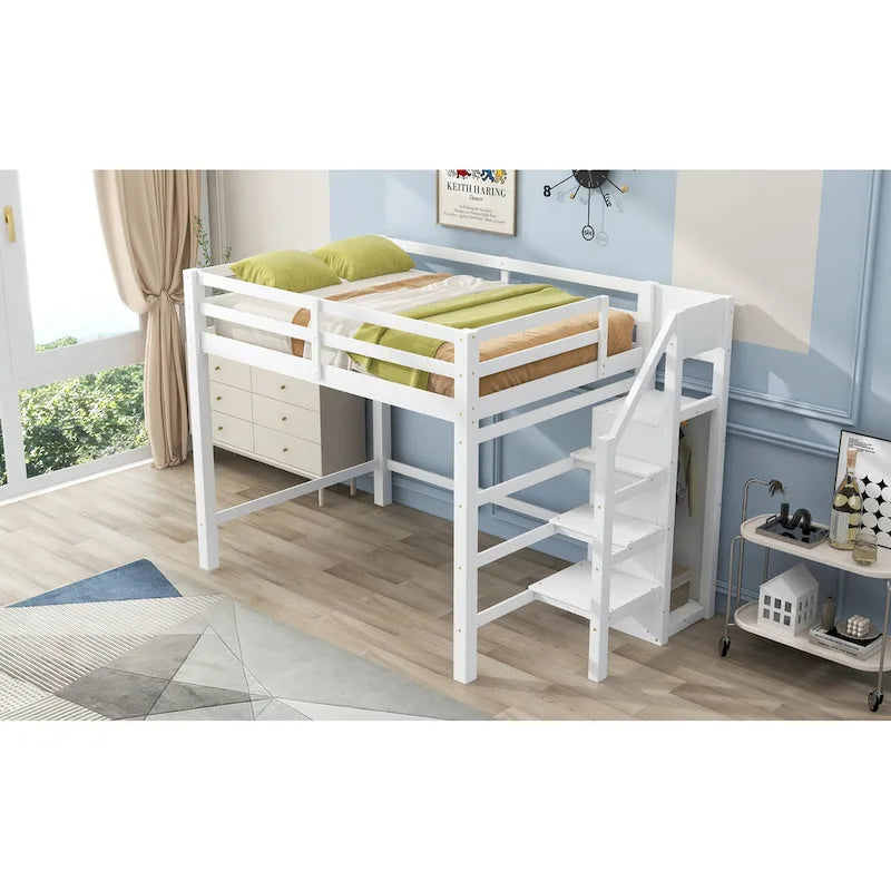 Letto a soppalco full-size con armadio e scala contenitore