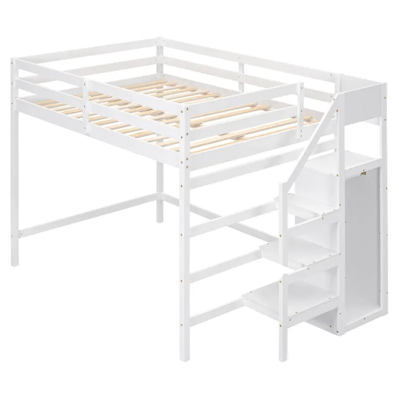 Letto a soppalco full-size con armadio e scala contenitore