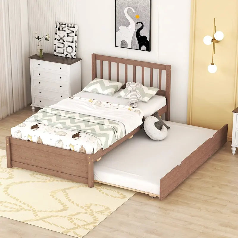 Letto a piattaforma in legno per letto singolo con letto estraibile - Finitura noce