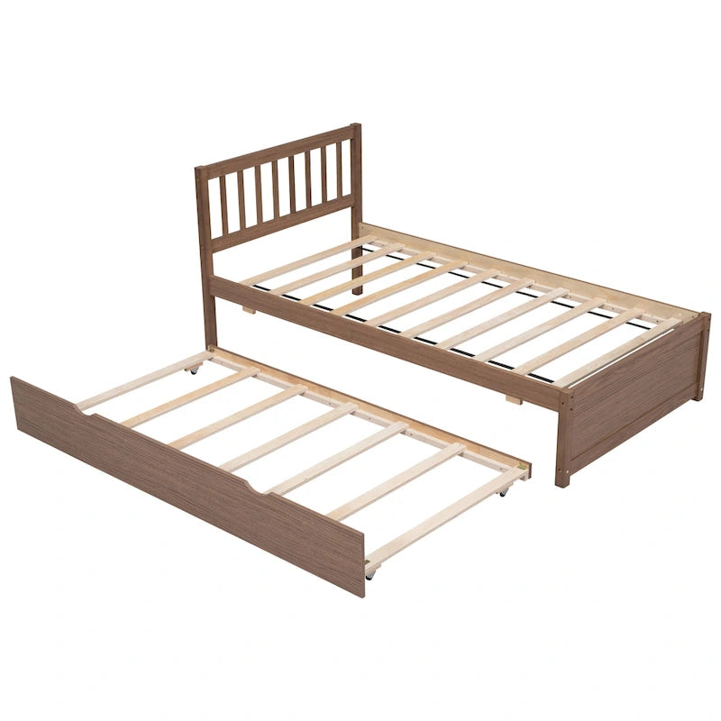 Twin Size Walnut Finished Wood Platform Trundle Bed