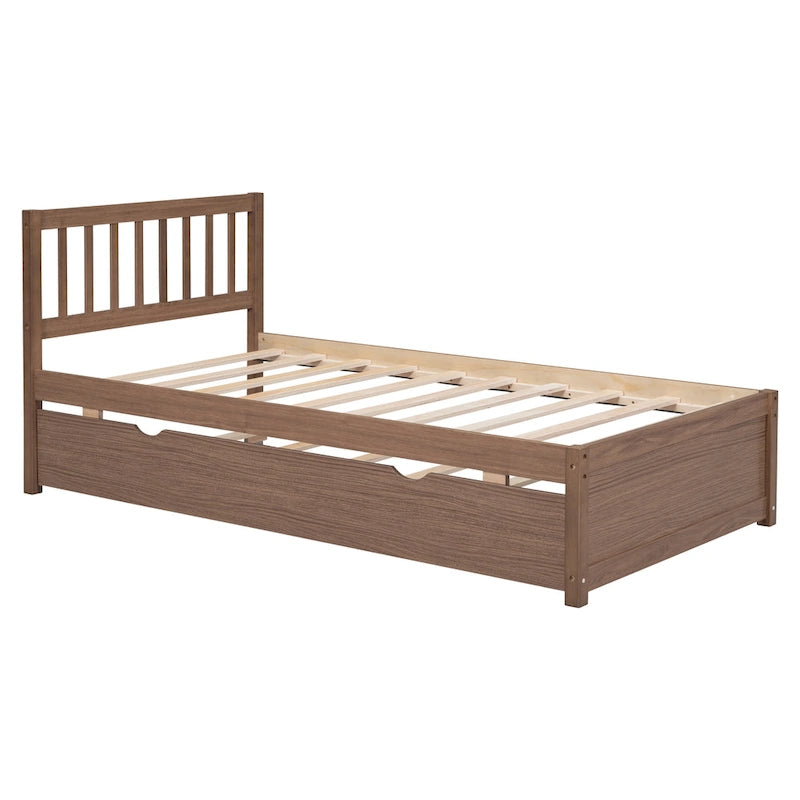 Letto a piattaforma in legno per letto singolo con letto estraibile - Finitura noce