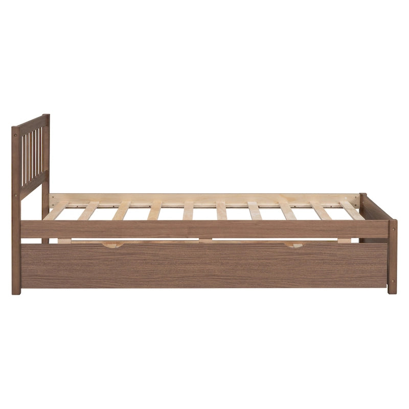 Letto a piattaforma in legno per letto singolo con letto estraibile - Finitura noce