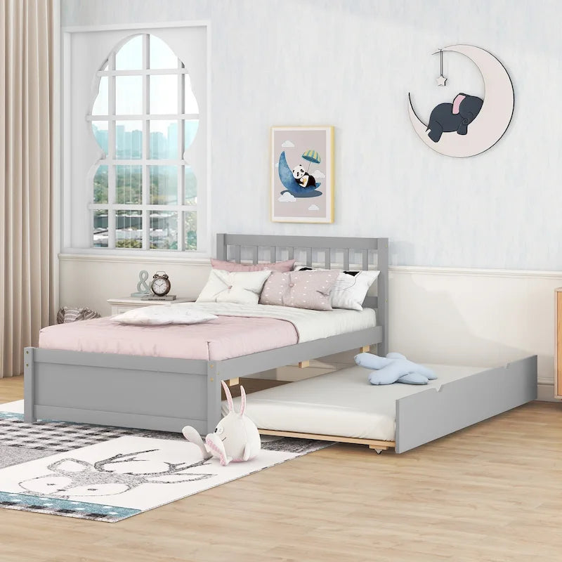 Letto a piattaforma in legno grigio singolo con letto estraibile