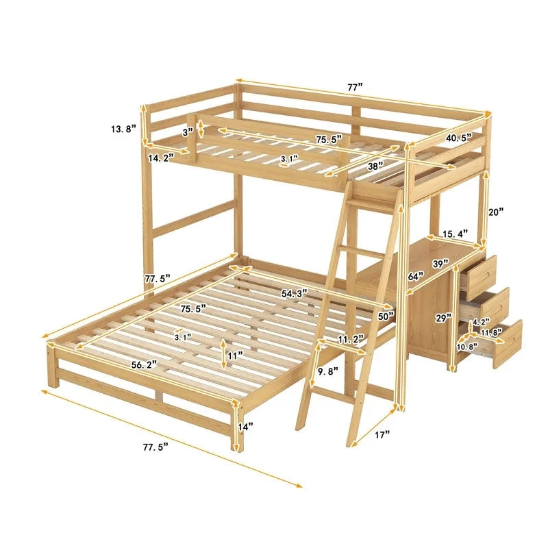 Letto a castello singolo sopra piazza e mezzo con scrivania integrata e 3 cassetti