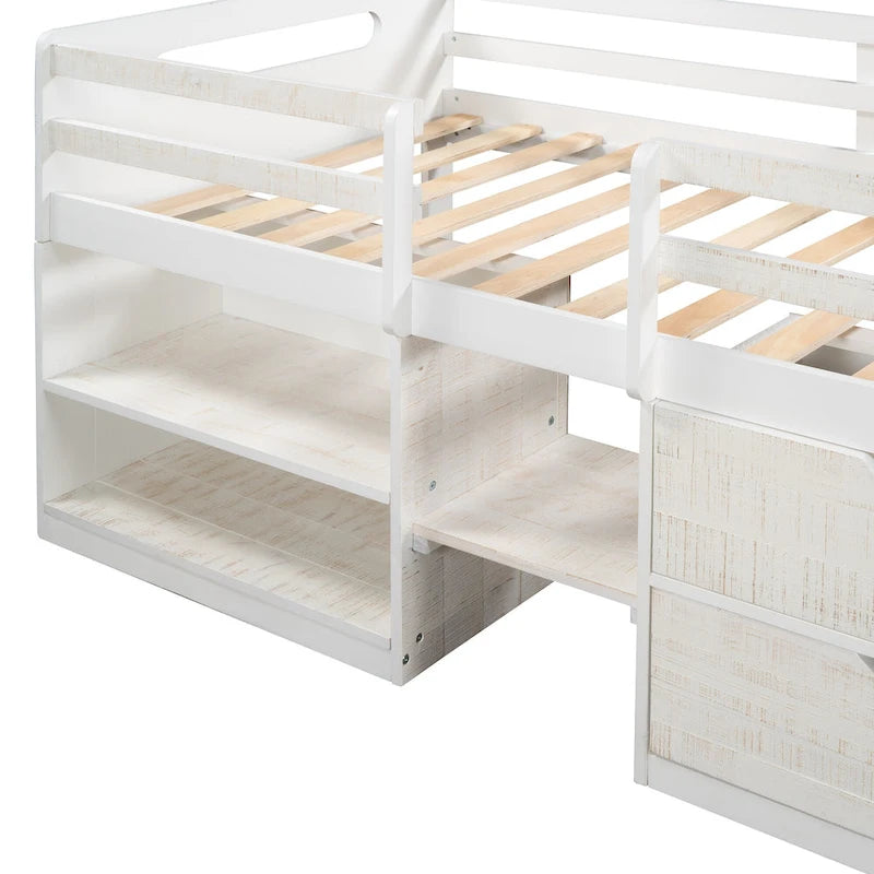 Letto a soppalco singolo con due mensole e due cassetti