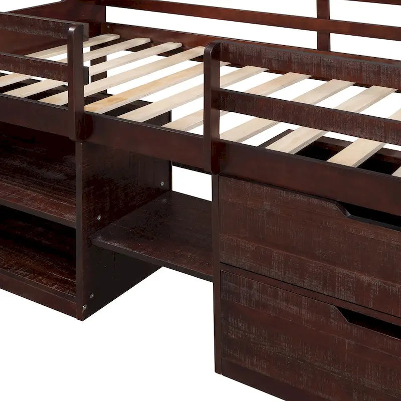 Letto a soppalco singolo con due mensole e due cassetti