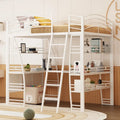 Full Size Loft Bed with 4 Layers of Shelves and L-shaped Desk, Stylish Metal Frame Bed USB Ports and Wireless Charging, White