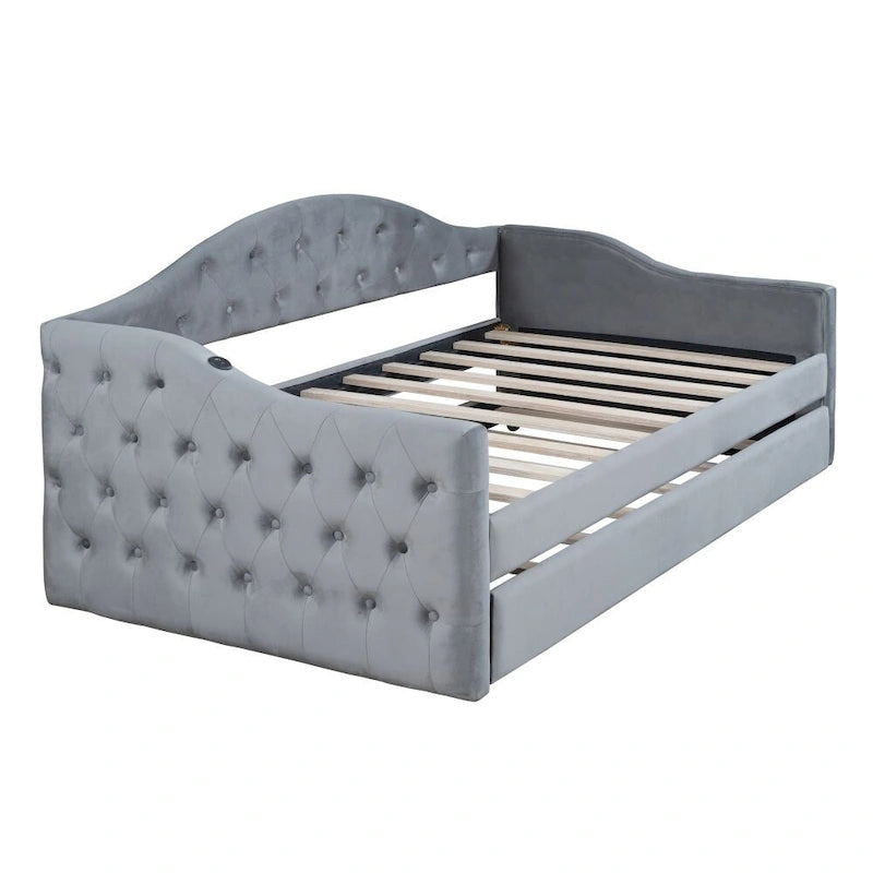 Divano Letto Imbottito Tufted con Rotelle Estraibili e Porte di Ricarica USB e Type-C, Misura Singola