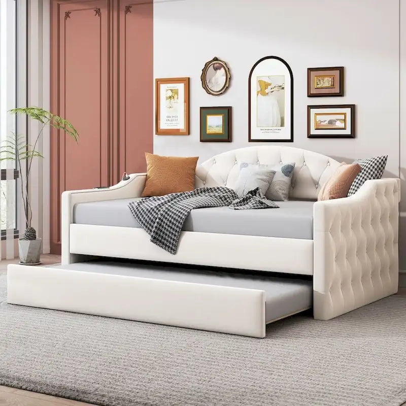 Divano Letto Imbottito Tufted con Rotelle Estraibili e Porte di Ricarica USB e Type-C, Misura Singola