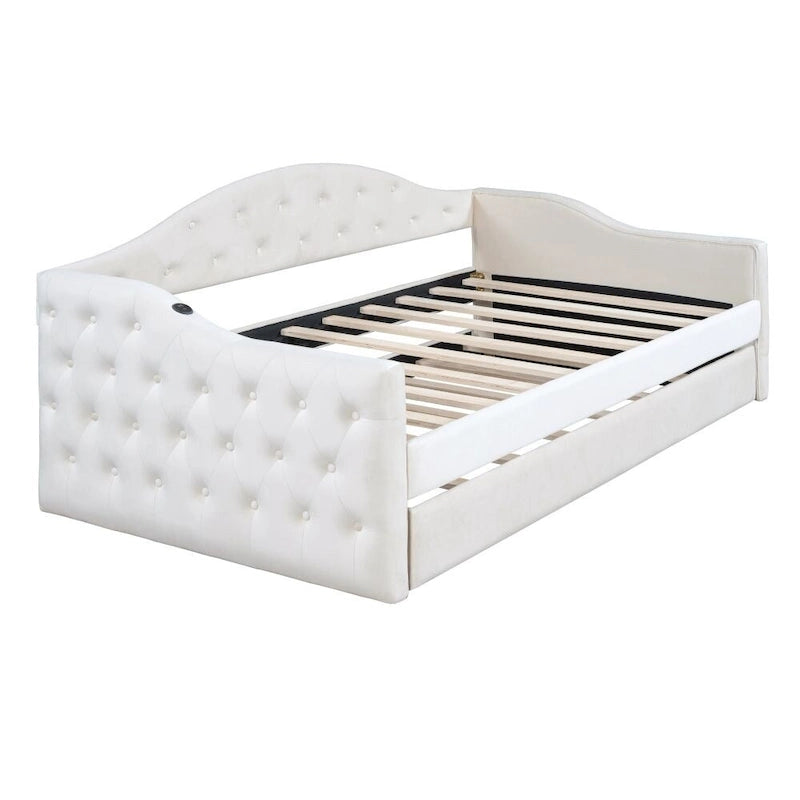 Divano Letto Imbottito Tufted con Rotelle Estraibili e Porte di Ricarica USB e Type-C, Misura Singola