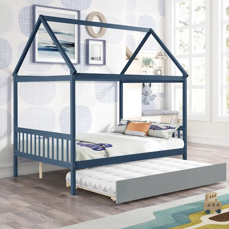 Struttura Letto Matrimoniale con Letto Estraibile - Legno di Pino, Blu