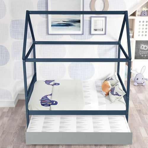 Navy Blue House FullL Bed With Trundle of Grey Color