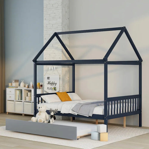 Struttura Letto Matrimoniale con Letto Estraibile - Legno di Pino, Blu