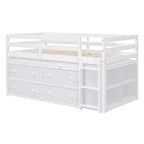 Twin/Full Size Low Loft Bed with Retractable Writing Desk and 4 Drawers, Wooden Loft Bedframe w/ Lateral Portable Desk & Shelves