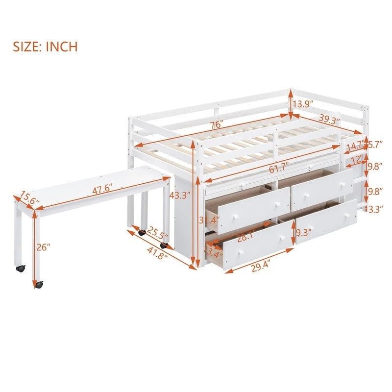 Letto basso a soppalco con scrivania estraibile e 4 cassetti – Twin/Full