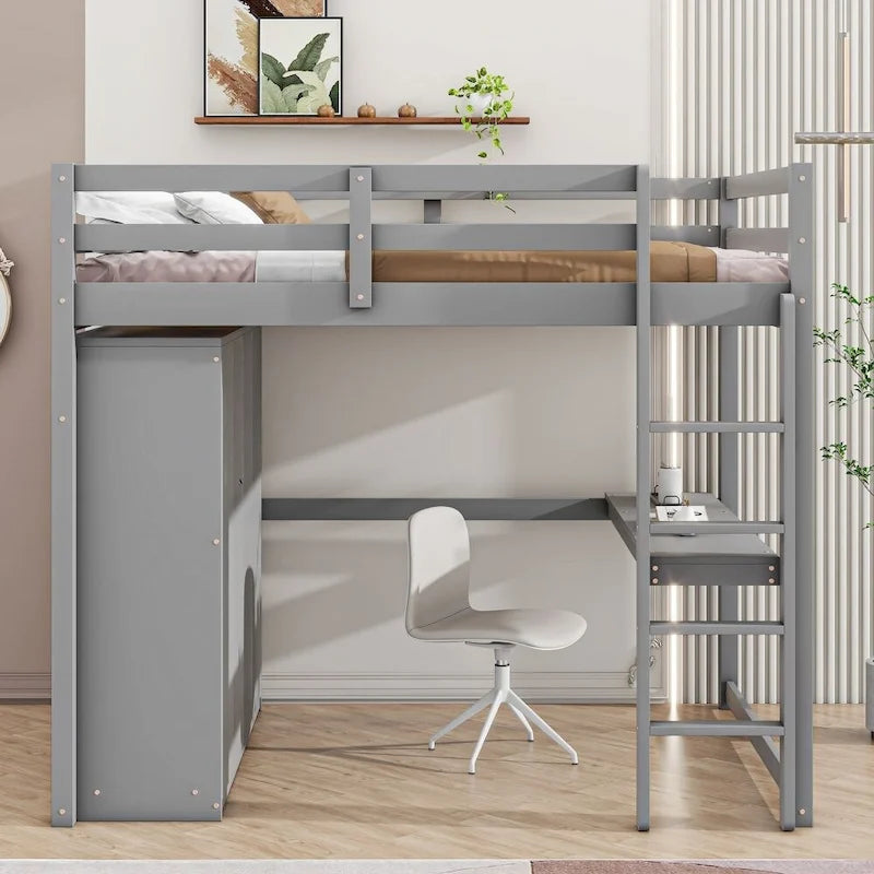 Letto a soppalco a grandezza naturale con armadio, scrivania, ripiani e cassetti