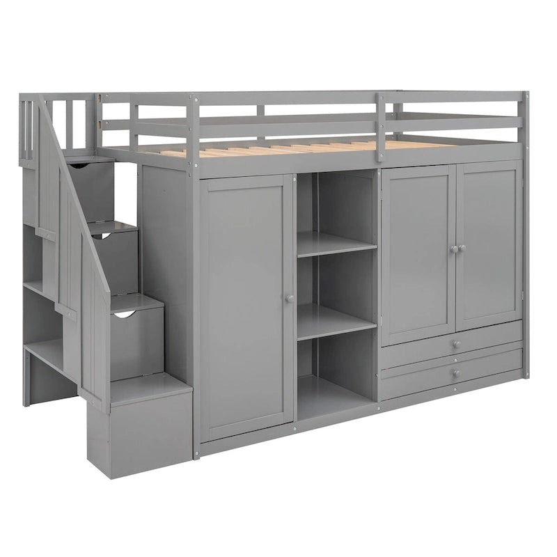 Twin Size Loft Bed with Built-in Shelves and Drawers