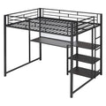Black Metal Loft Bed with Desk, Whiteboard, and 3 Shelves, Includes Ladder