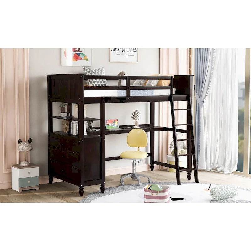 Letto a soppalco singolo con cassetti, scrivania e scaffali