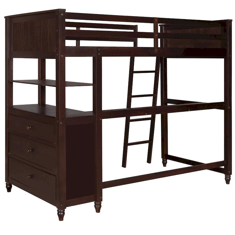 Letto a soppalco singolo con cassetti, scrivania e scaffali