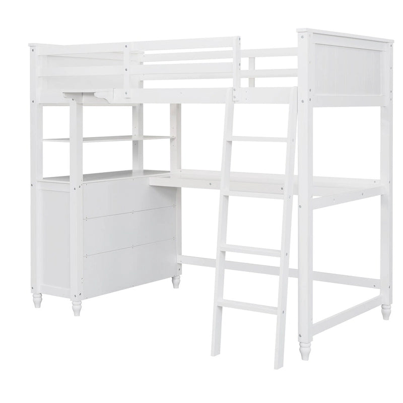 Letto a soppalco singolo con cassetti, scrivania e scaffali