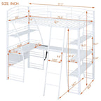 Letto a soppalco in metallo con scaffali a 4 ripiani, scrivania a L, prese, porte USB e ricarica wireless