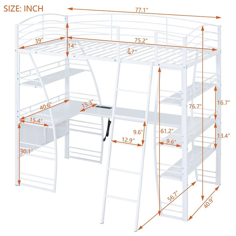 Letto a soppalco in metallo con scaffali a 4 ripiani, scrivania a L, prese, porte USB e ricarica wireless