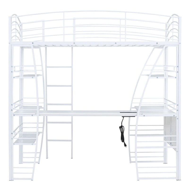 Letto a soppalco in metallo con scaffali a 4 ripiani, scrivania a L, prese, porte USB e ricarica wireless