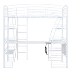 Letto a soppalco in metallo con scaffali a 4 ripiani, scrivania a L, prese, porte USB e ricarica wireless