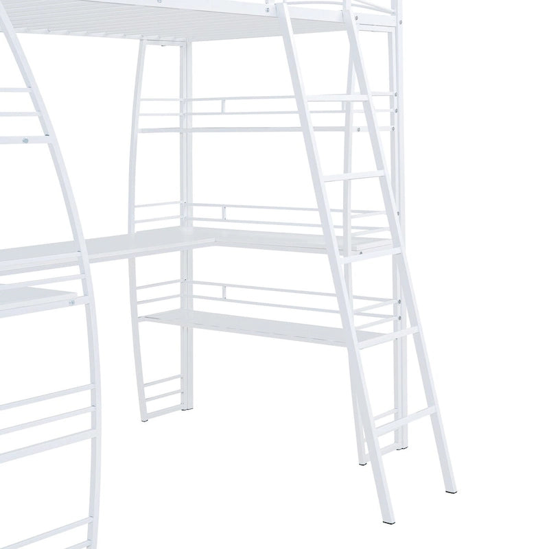 Letto a soppalco in metallo con scaffali a 4 ripiani, scrivania a L, prese, porte USB e ricarica wireless