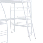 Letto a soppalco in metallo con scaffali a 4 ripiani, scrivania a L, prese, porte USB e ricarica wireless