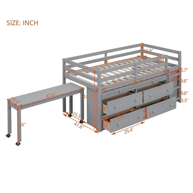 Letto a soppalco singolo con scrivania estraibile e 4 cassetti contenitori