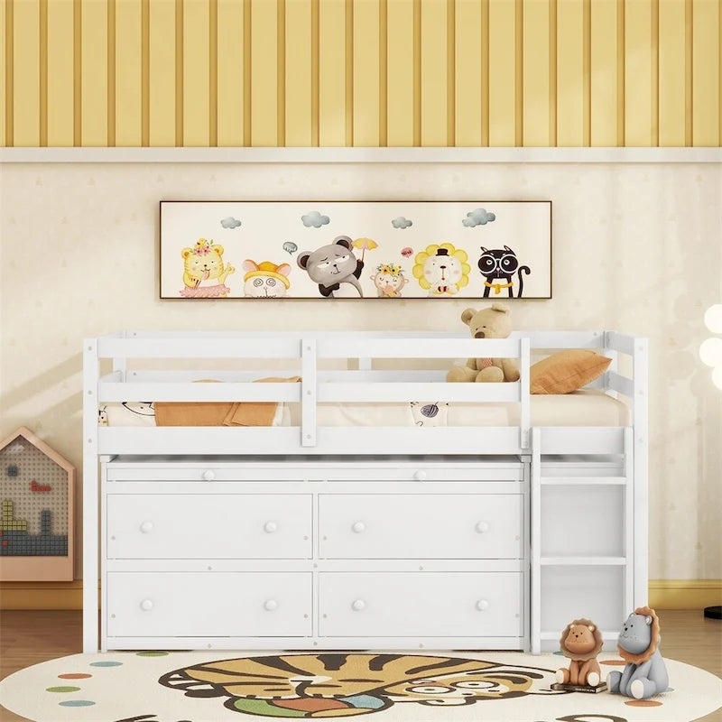 Letto a soppalco singolo con scrivania estraibile e 4 cassetti contenitori