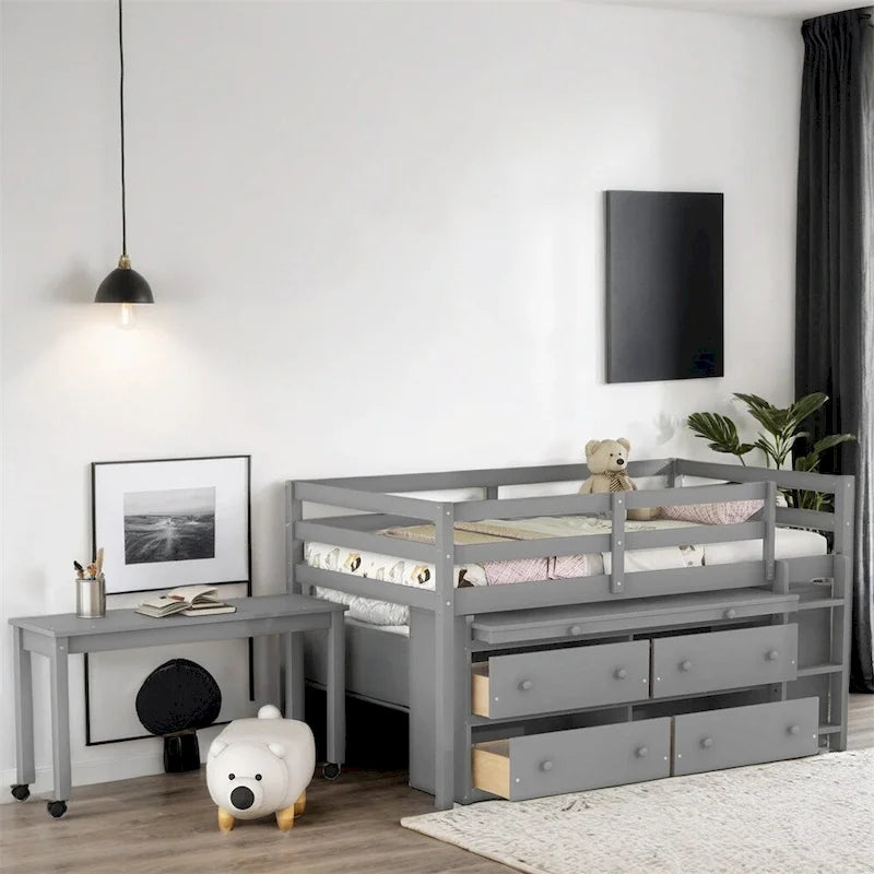 Letto a soppalco singolo con scrivania estraibile e 4 cassetti contenitori