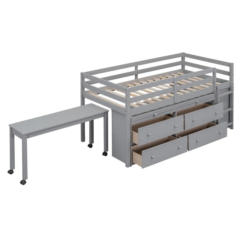 Letto a soppalco singolo con scrivania estraibile e 4 cassetti contenitori