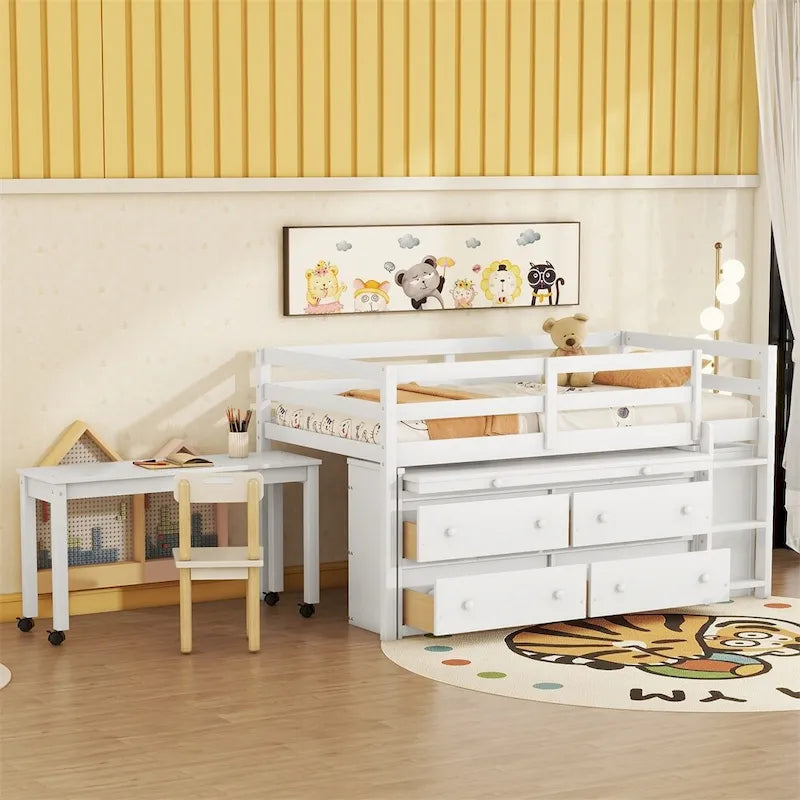 Letto a soppalco singolo con scrivania estraibile e 4 cassetti contenitori