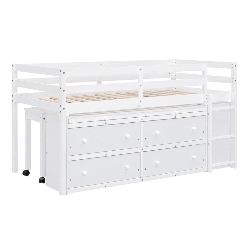 Letto a soppalco singolo con scrivania estraibile e 4 cassetti contenitori