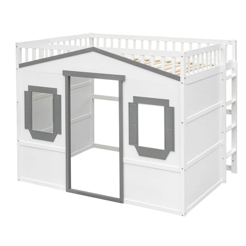 Solid Wood Full Size House Loft Bed with Ladder and Underbed Gaming Space