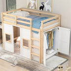 Letto a soppalco singolo con armadio integrato e 2 finestre