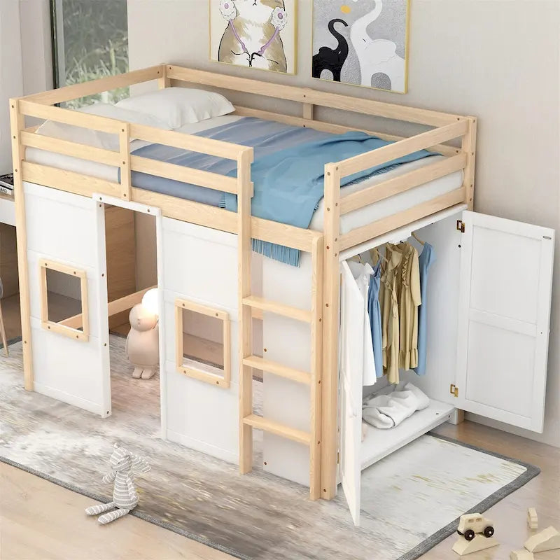 Letto a soppalco singolo con armadio integrato e 2 finestre
