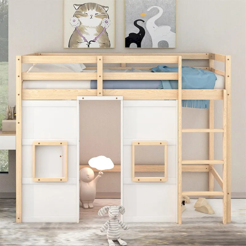Letto a soppalco singolo con armadio integrato e 2 finestre