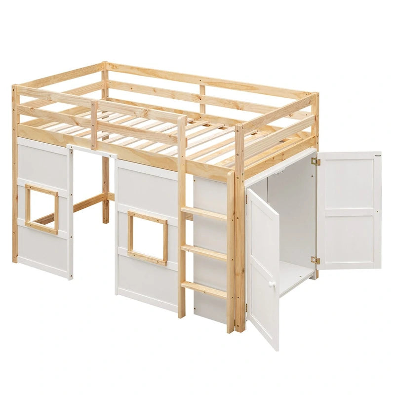 Letto a soppalco singolo con armadio integrato e 2 finestre