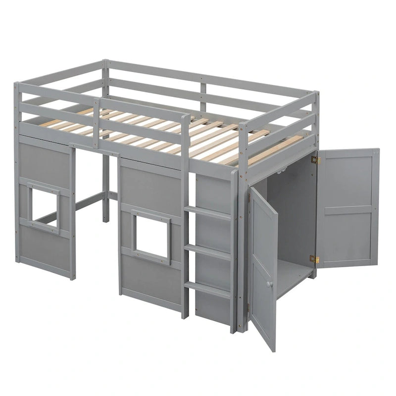 Letto a soppalco singolo con armadio integrato e 2 finestre