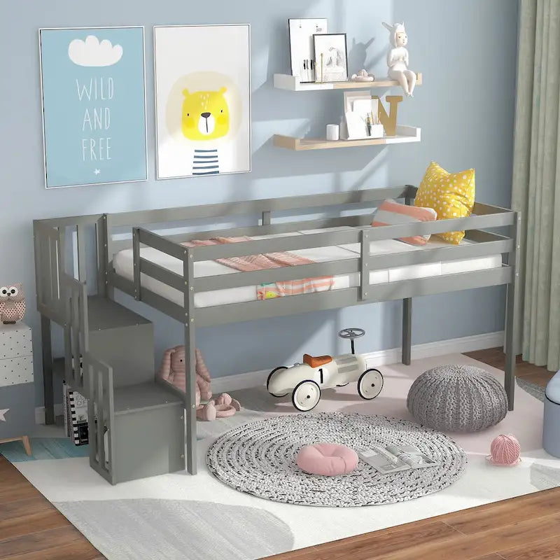 Twin Size Solid Wood Loft Bed with Staircase and Storage Stairs