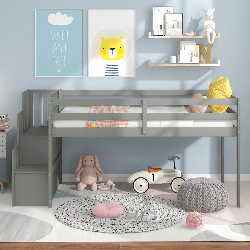 Letto a soppalco singolo con scala e contenitore