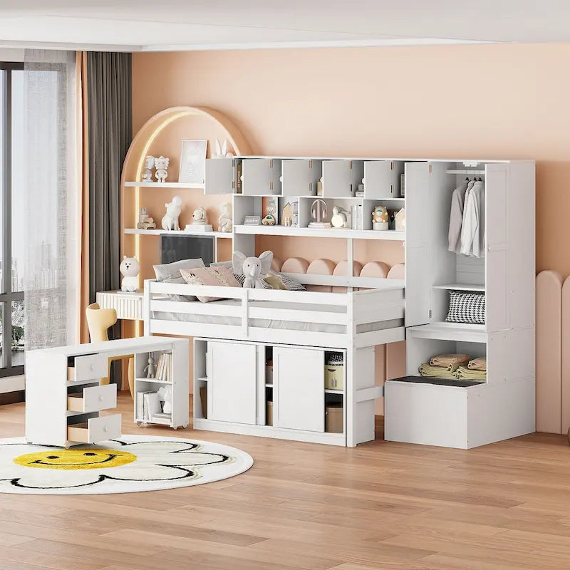 Letto a soppalco con contenitore, scrivania, cassetti e ripiani