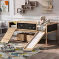 Twin Size Loft Bed with Three Blackboards, Two Storage Boxes, and Slide, Perfect for Kids' Bedroom Playtime